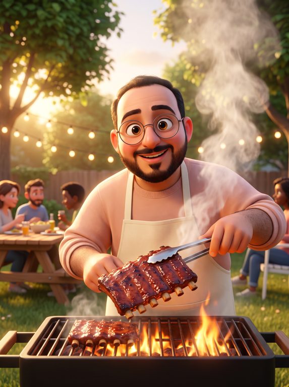 The pitmaster at the grill in the back garden